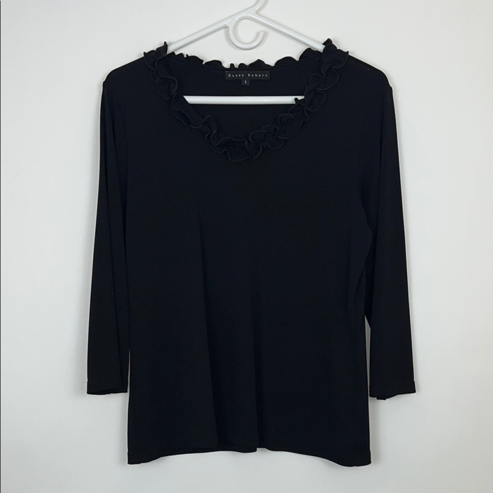 Susan Robert black blouse ruffle neck